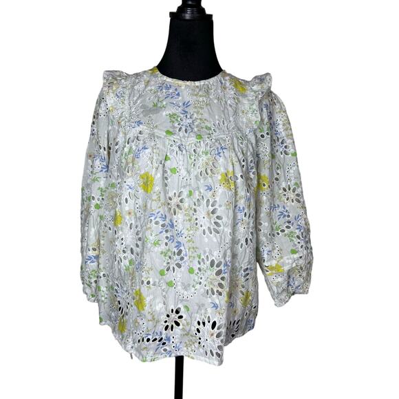 Greylin Piper Eyelet Lace Blouse Size M Ivory Yellow Floral Cotton Long Sleeve - Picture 1 of 6